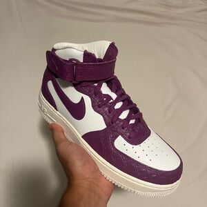 Purple and White Nike Air Force 1s leather trainers